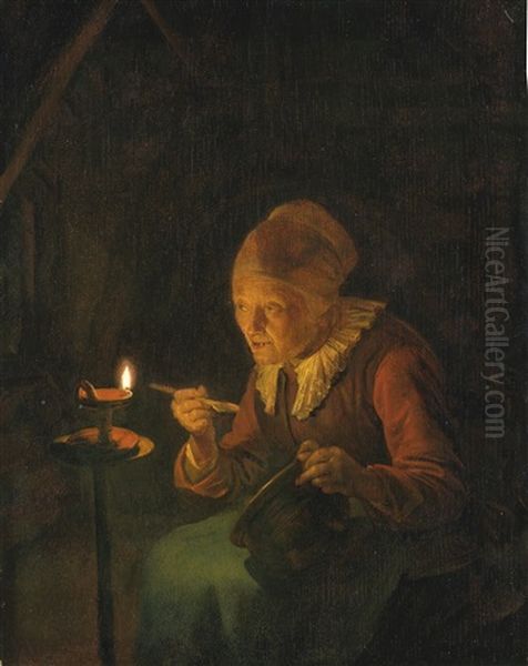 An Old Woman Eating Porridge By Candlelight Oil Painting by Gerrit Dou