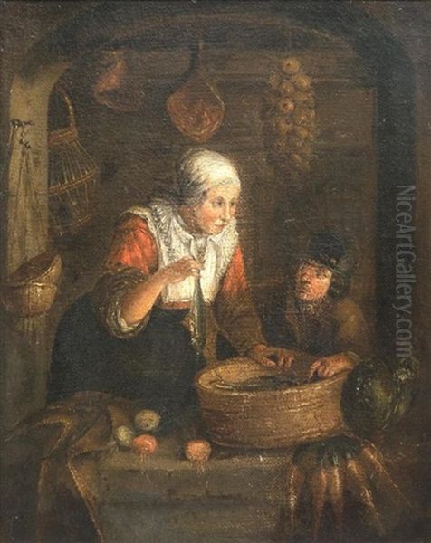 La Vendeuse De Harengs Et Le Jeune Homme Oil Painting by Gerrit Dou