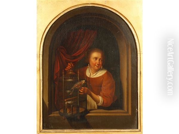 Young Girl With A Perroquet In A Niche, The Reverse With An Heraldic Seal Oil Painting by Gerrit Dou