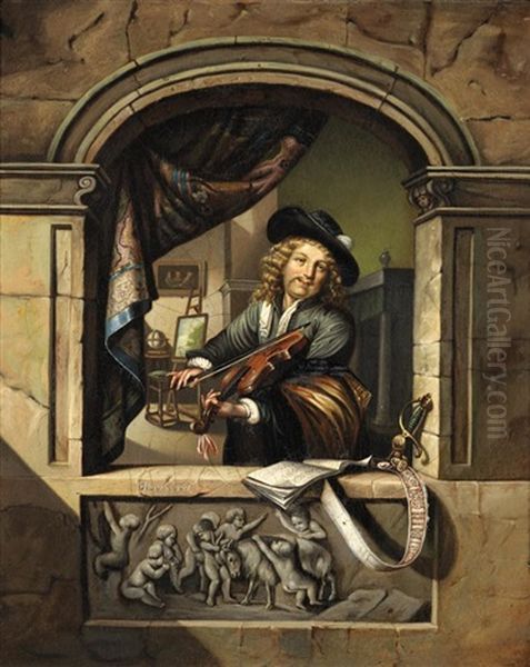 Musicien Jouant Du Violon Devant Sa Fenetre, Un Interieur Hollandais En Arriere-plan Oil Painting by Gerrit Dou