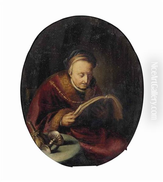 An Old Woman Reading A Book Oil Painting by Gerrit Dou