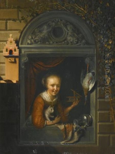 A Young Girl At A Window Ledge With A Cat And A Mouse-trap, A Hung Duck And A Pewter Ewer Beside Her Oil Painting by Gerrit Dou