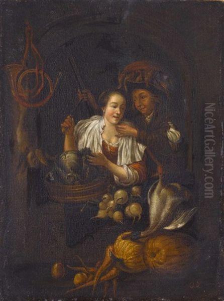 Gemuseverkauferin Mit Einem Verehrer Oil Painting by Gerrit Dou