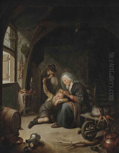 A Woman Deloucing A Child Oil Painting by Gerrit Dou