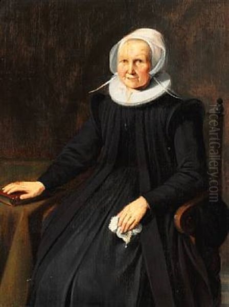 An Old Dignified Woman In A Black Dress With White Collar And Bonnet. Her Right Hand On The Bible Oil Painting by Gerrit Dou