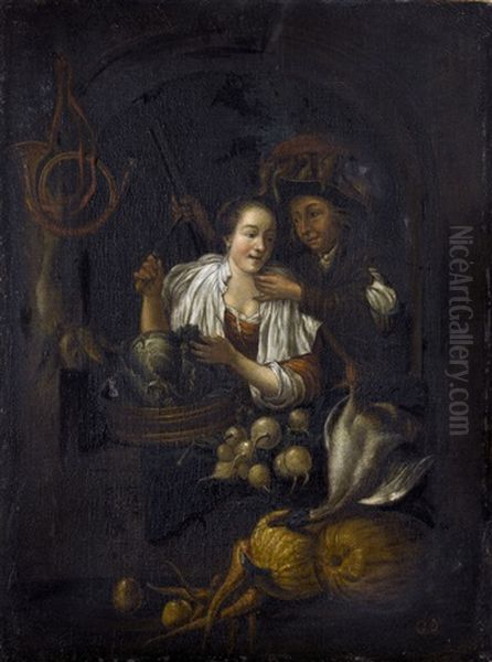 Gemuseverkauferin Mit Einem Herrn Oil Painting by Gerrit Dou