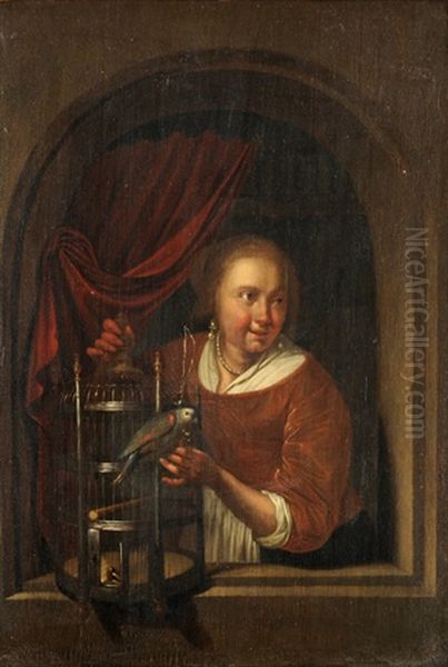 Junge Frau Mit Papagei In Einer Nische Oil Painting by Gerrit Dou