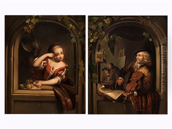 Juges Madchen In Rundbogigem, Steinernen Fensterrahmen (+ Musiker Beim Geigenspiel Im Rundbogigen Fensterrahmen; Pair) Oil Painting by Gerrit Dou