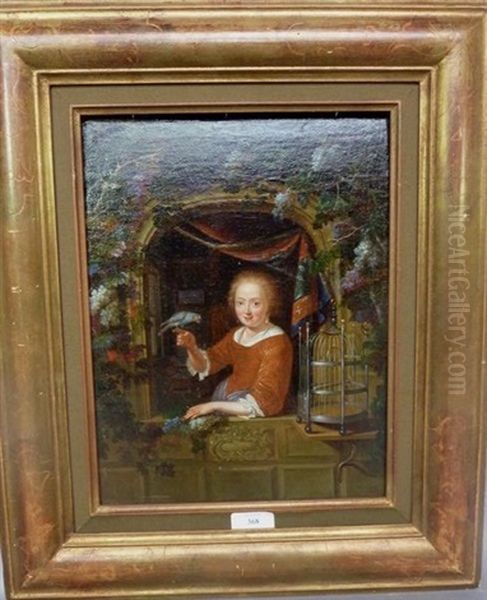 Jeune Fille Presentant Son Perroquet A La Fenetre Oil Painting by Gerrit Dou