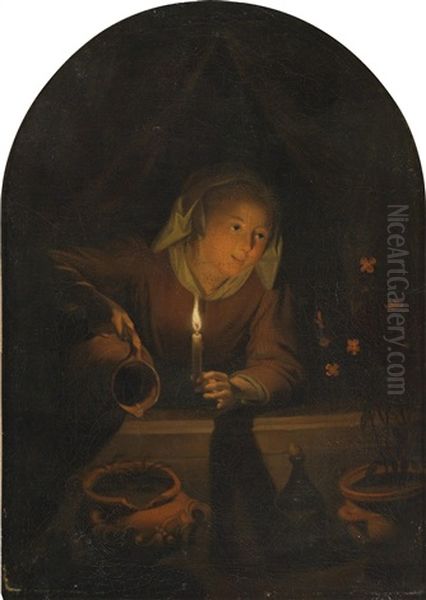 Eine Junge Frau Begiesst Topfpflanzen Bei Kerzenlicht Oil Painting by Gerrit Dou