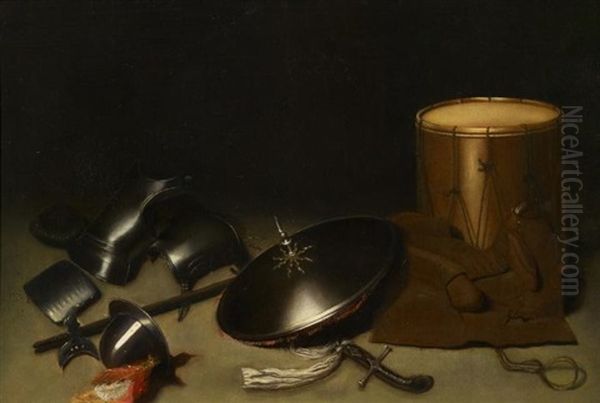 Stillleben Mit Rustungen, Schild, Hellebarde, Schwert, Lederjacke Und Trommel Oil Painting by Gerrit Dou