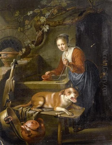 Frau Mit Hund An Einem Brunnen Oil Painting by Gerrit Dou