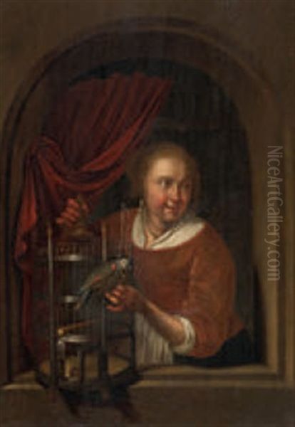 Fensterbrustung Mit Frau Und Vogel Oil Painting by Gerrit Dou