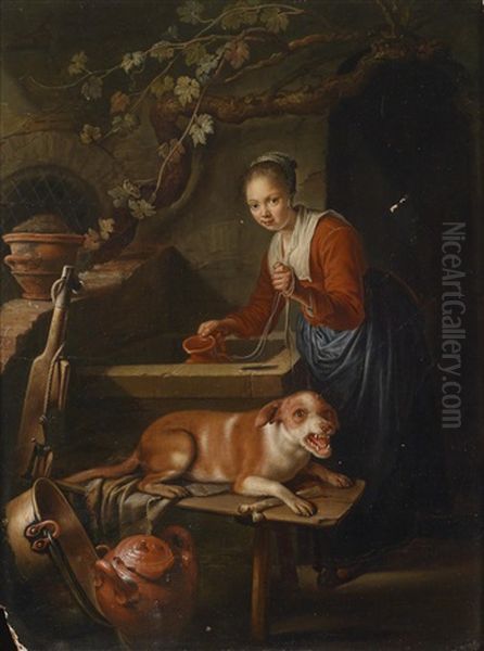 Madchen Am Brunnen Mit Hund Oil Painting by Gerrit Dou