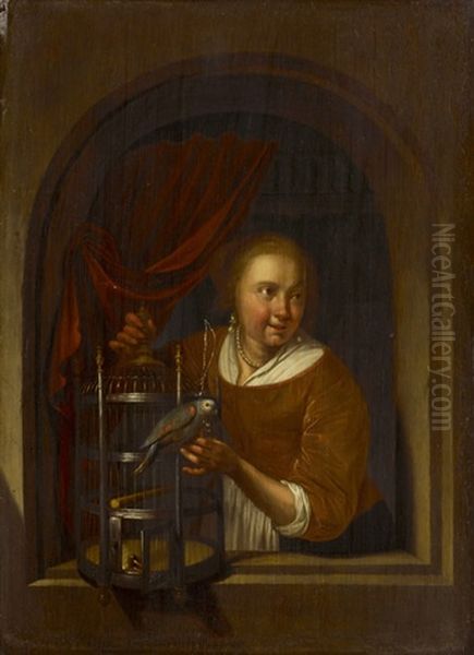 Frau Mit Kanarienvogel Oil Painting by Gerrit Dou