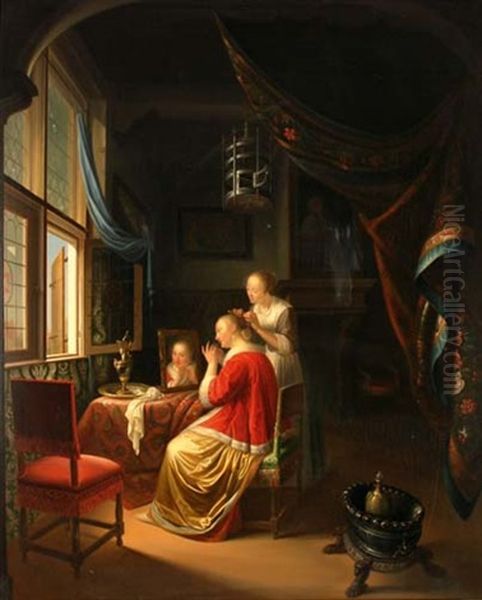 Zofe Und Dame Beim Frisieren Oil Painting by Gerrit Dou