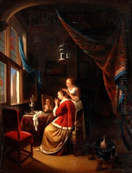 Zofe Und Dame Beim Frisieren Oil Painting by Gerrit Dou