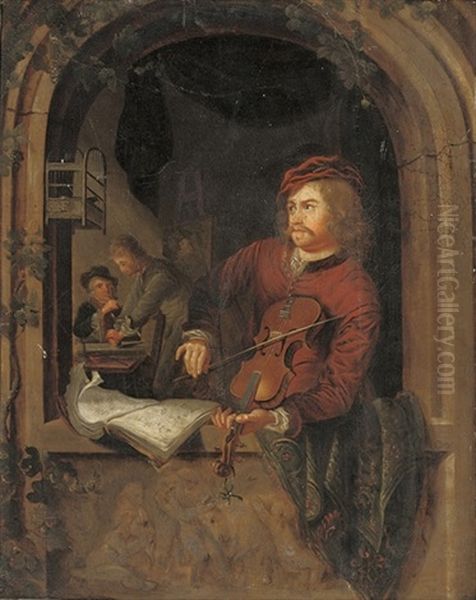 Portrait Of A Fiddler In A Casement Oil Painting by Gerrit Dou