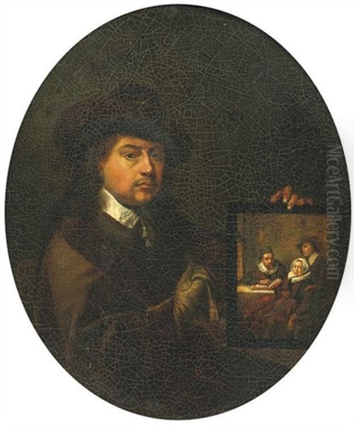 Portrait Of The Painter Holding A Family Portrait Oil Painting by Gerrit Dou