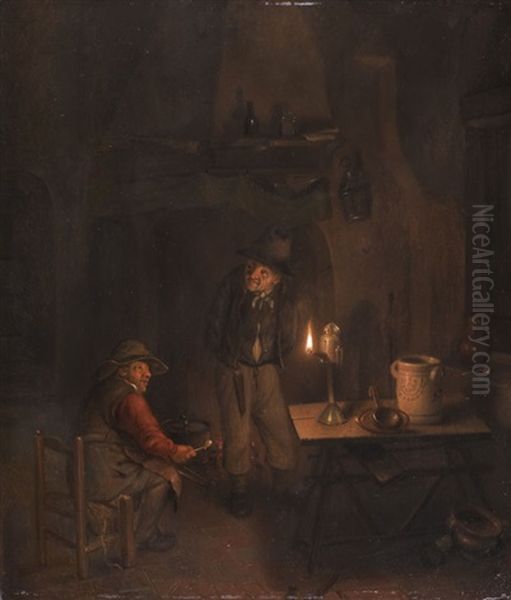 Zwei Manner In Nachtlichem Interieur Beim Schein Einer Ollampe Oil Painting by Gerrit Dou