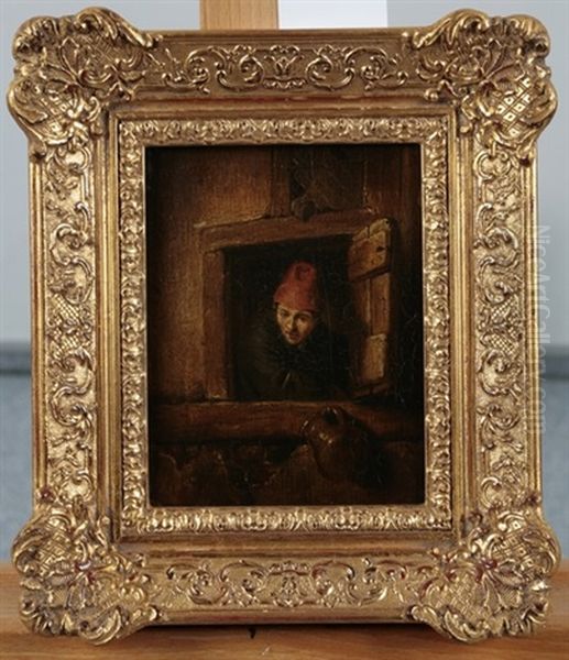 Sich Aufstutzender Bauer Aus Einer Luke Schauend Oil Painting by Gerrit Dou