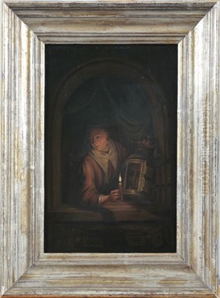 Junge Frau Am Fenster Mit Kerze Und Laterne Oil Painting by Gerrit Dou