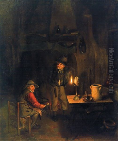 Zwei Manner In Einem Nachtlichen Interieur Im Schein Einer Ollampe Oil Painting by Gerrit Dou