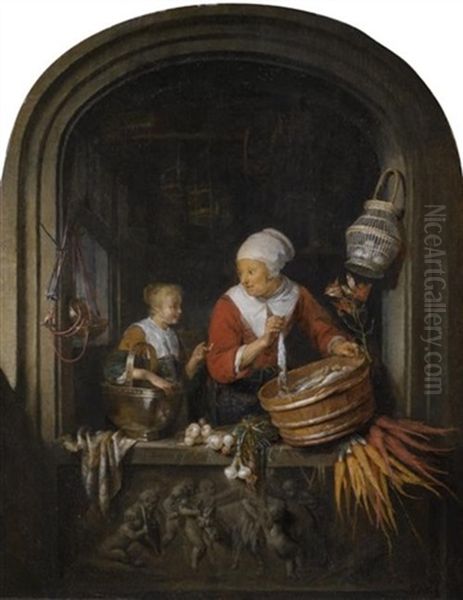 Eine Heringsverkauferin Mit Dienstmadchen In Einer Nische Oil Painting by Gerrit Dou