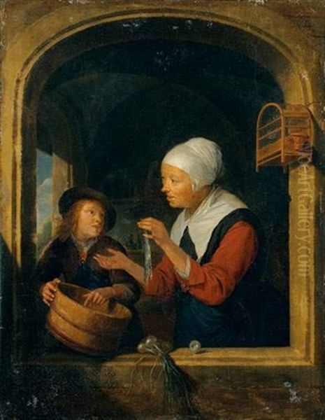 Cuisiniere Preparant Un Poisson Dans L'embrasure D'une Fenetre Oil Painting by Gerrit Dou