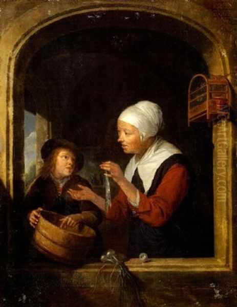 Cuisiniere Preparant Un Poisson Dans L'embrasure D'une Fenetre Oil Painting by Gerrit Dou