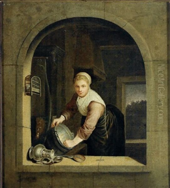 Eine Kuchenmagd Putzt Geschirr Am Fenster Oil Painting by Gerrit Dou