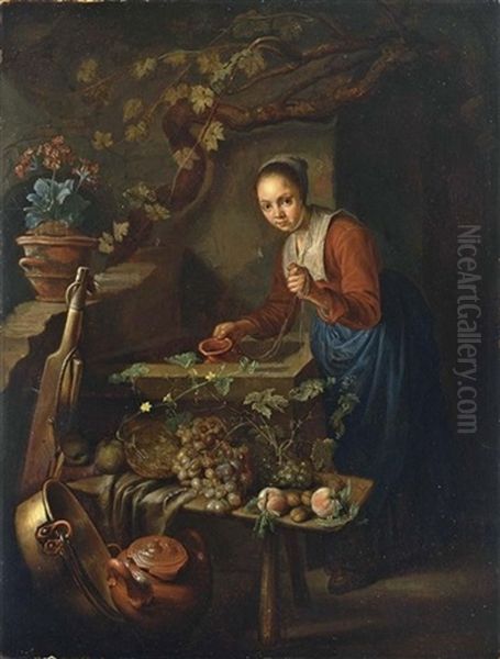 A Maid Standing Near A Well, With A Still Life Of Grapes, Peaches, An Earthenware Pot And A Copper Bowl In The Foreground Oil Painting by Gerrit Dou