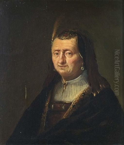 A Tronie Of An Elderly Woman,wearing A Red Dress, White Chemise And A Black And Gilt Embroidered Cloak, And A Phantasy Head Dress Oil Painting by Gerrit Dou