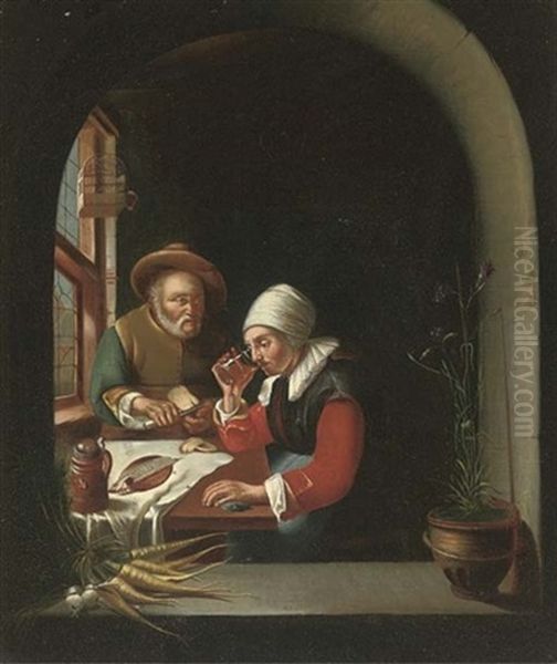 A Couple Eating And Drinking At A Casement (+ A Dentist With A Patient; 2 Works) Oil Painting by Gerrit Dou