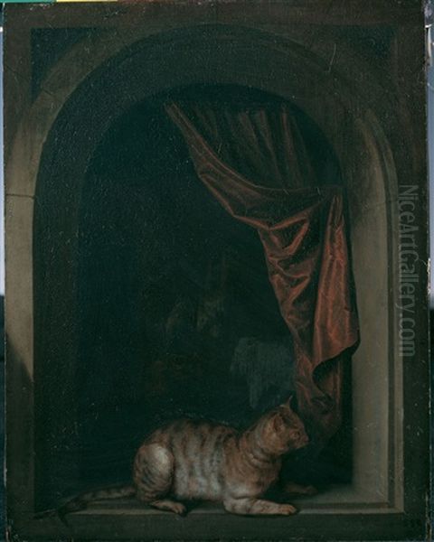 Eine Katze Am Fenster Eines Malerateliers Oil Painting by Gerrit Dou