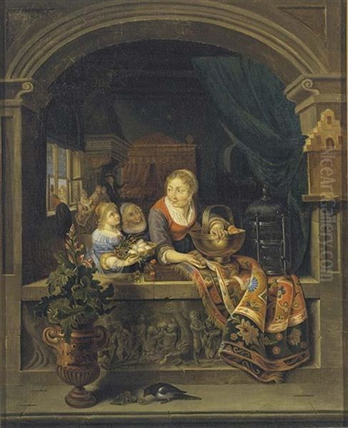 A Woman Standing In A Stone Niche, Holding A Copper Bowl With Peaches, Two Girls With A Basket Of Eggs Beside Her Oil Painting by Gerrit Dou