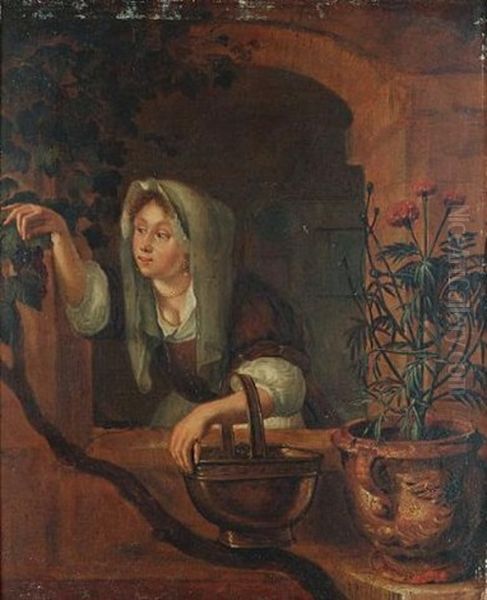 A Woman Leaning Out Of A Window With A Basket On Her Arm, Picking Grapes Oil Painting by Gerrit Dou