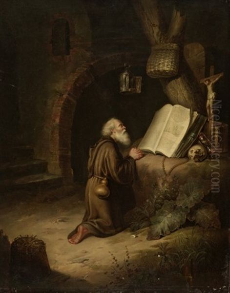 Hieronymus Im Gehause. An Einem Grossen Stein Kniet Der Kirchenvater Betend Vor Einem Kruzifix Oil Painting by Gerrit Dou