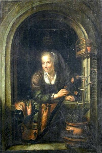 A Young Woman With A Pot Of Pinks By A Window Oil Painting by Gerrit Dou