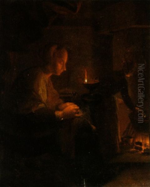 Naherin Beim Schein Einer Ollampe Und Eine Frau Am Feuer Oil Painting by Gerrit Dou