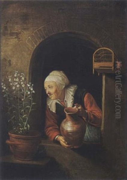 A Woman Watering The Flowers Oil Painting by Gerrit Dou