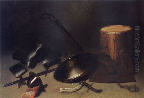 A Still Life With Armour, A Shield, A Gun, A Halberd, A Helmet, A Sword, A Jacket, And A Drum Oil Painting by Gerrit Dou