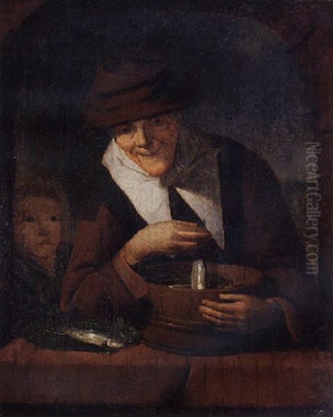 An Old Woman With A Tub Of Fish At A Niche Oil Painting by Gerrit Dou