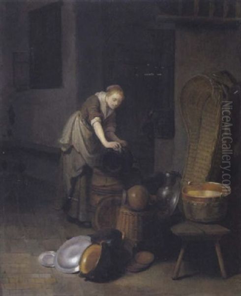 Eine Junge Frau Beim Reinigen Des Geschirrs Oil Painting by Gerrit Dou