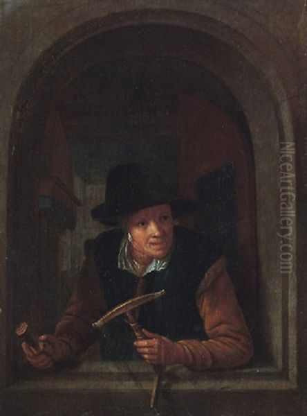 A Woman At The Window Holding A Distaff Oil Painting by Gerrit Dou