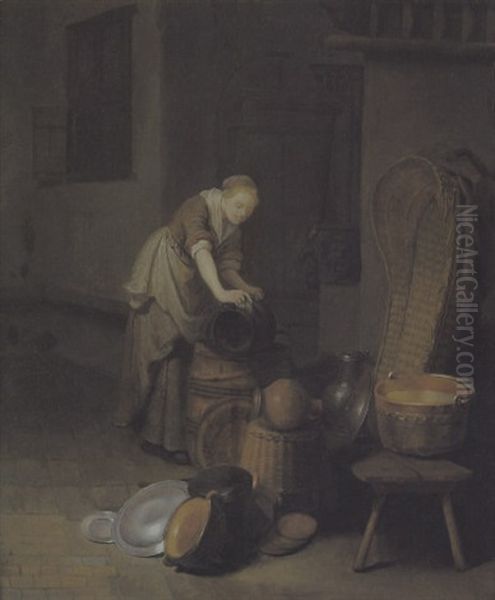 Eine Magd Beim Reinigen Des Geschirrs Oil Painting by Gerrit Dou