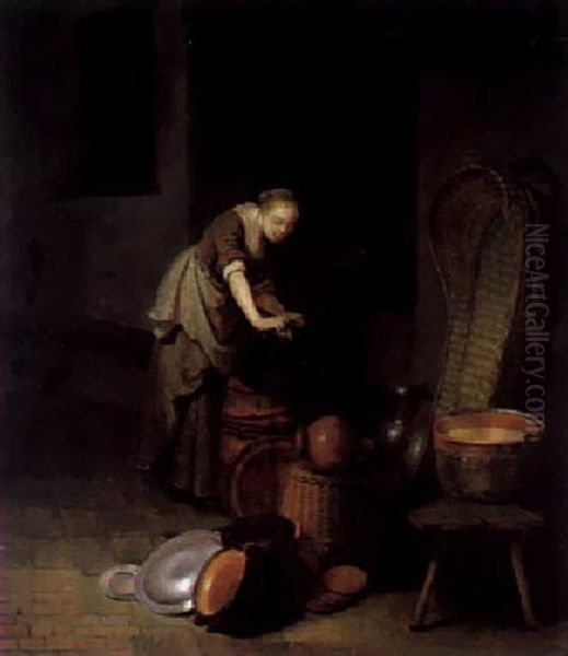 Eine Kuchenmagd Beim Reinigen Des Geschirrs by Gerrit Dou