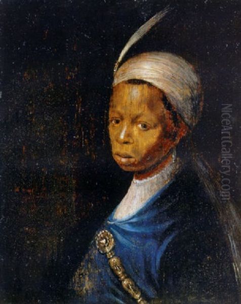 Portrait Of A Black Youth In A Blue Coat And A Feathered Headdress Oil Painting by Gerrit Dou