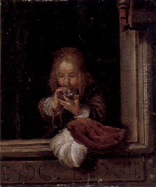 Knabe Im Spiel Mit Seifenblasen Oil Painting by Gerrit Dou