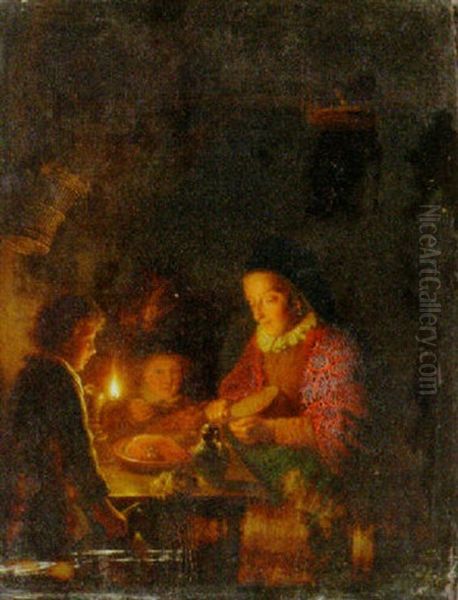 A Family Preparing A Meal In A Kitchen Oil Painting by Gerrit Dou